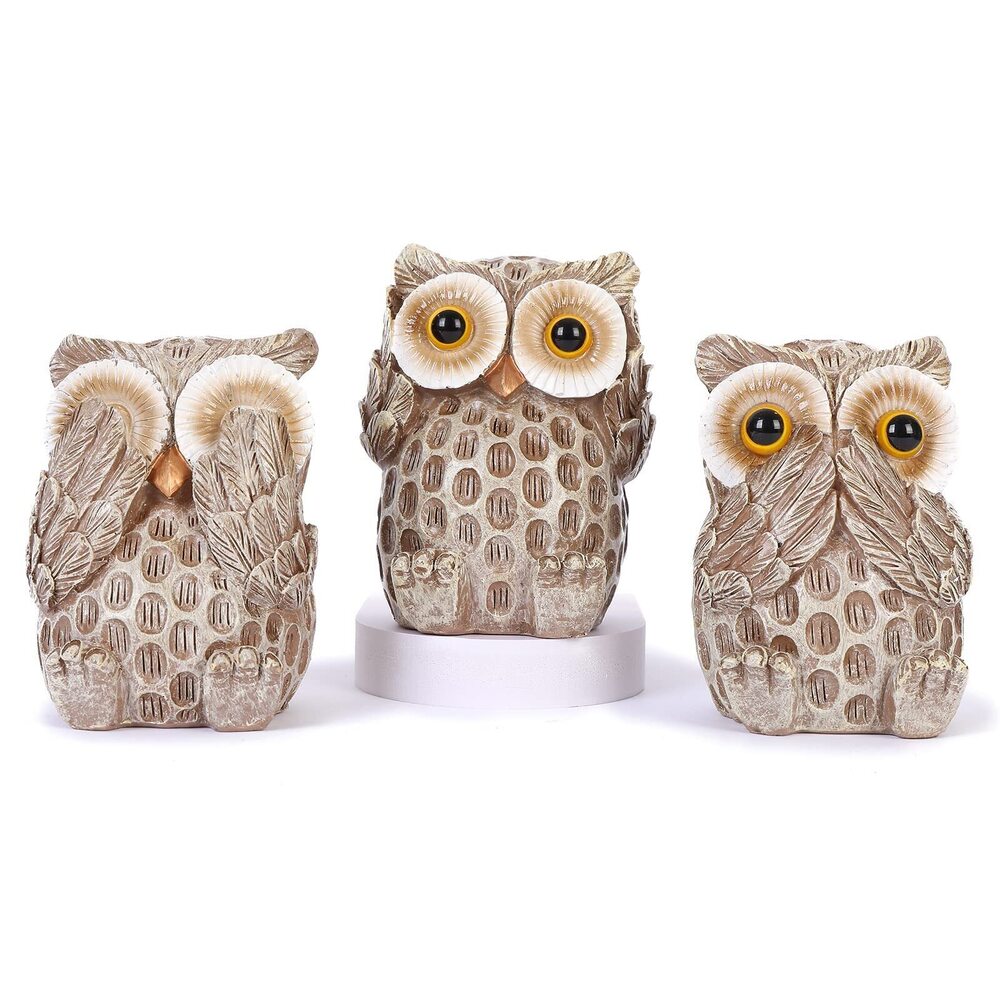 7645 Set of 3 Owl Statues Home Décor, Cute Owl Figurines for Shelf, Living